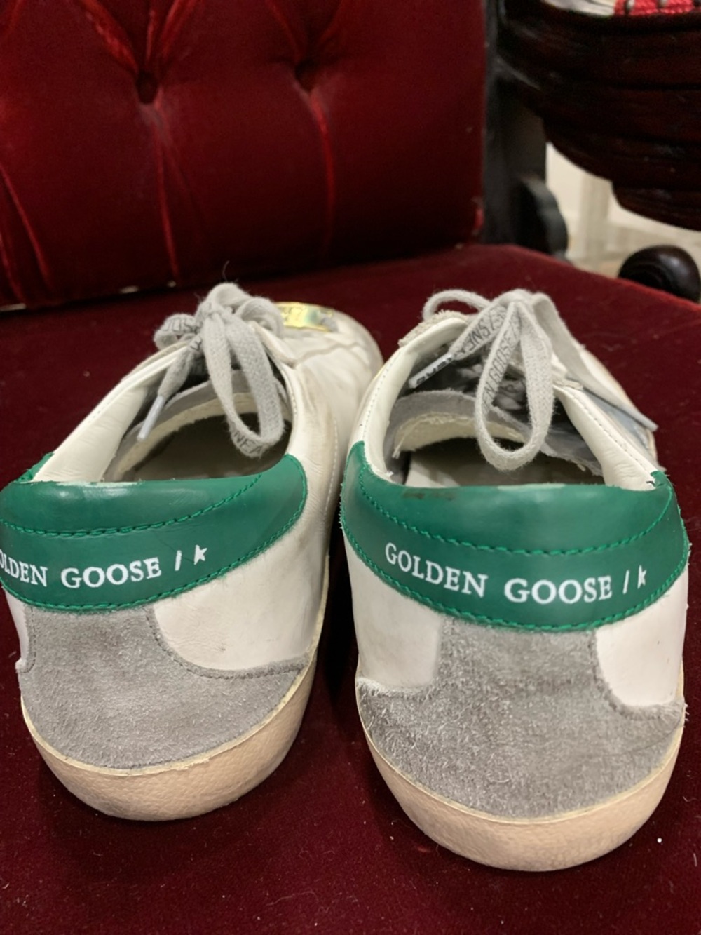 Golden Goose White Leather Sneakers with Green Heel and Silver Star Accent - Picture 4 of 12